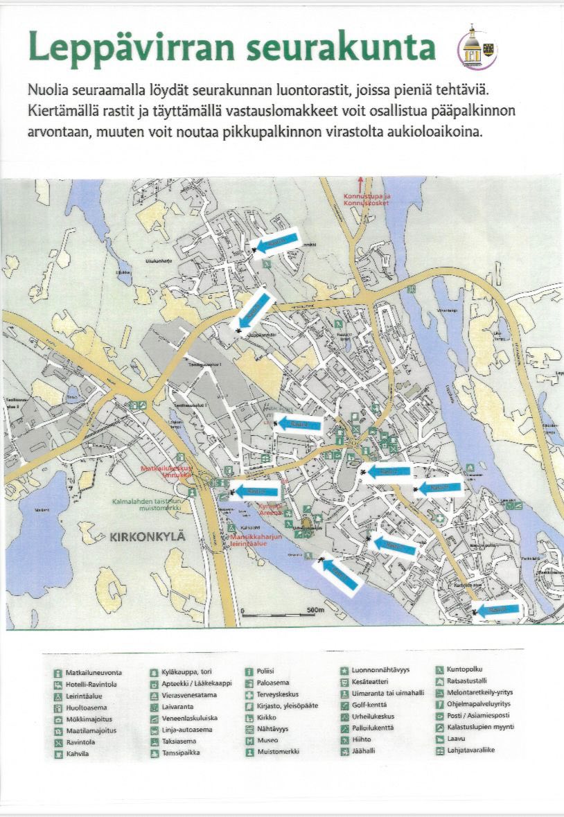 Rastiradan kartta, jossa nuolet osoittavat rastien paikat