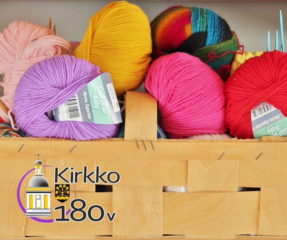 korissa lankekeriä , seurakunnan logo ja teksti kirkko 180v