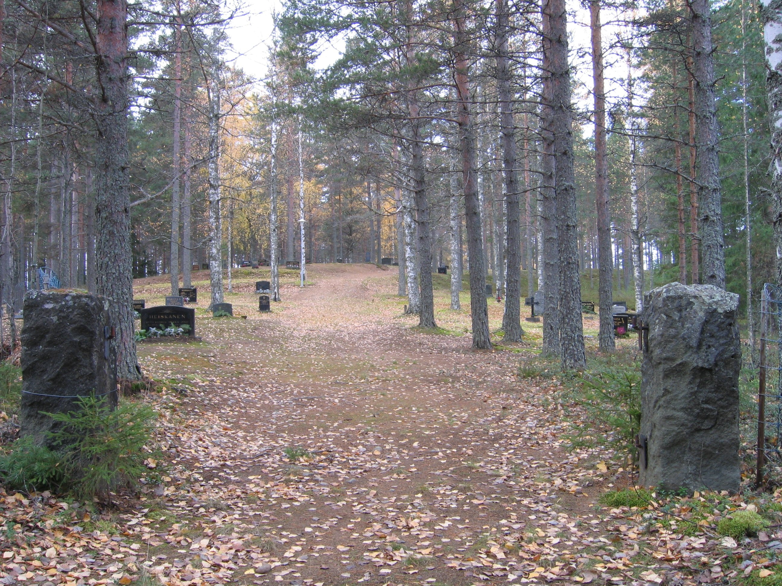 Syksyinen kuva Kaipolanmäen hautausmaalta jossa näkyy hautakiviä, puunrunkoja ja lehtiä maassa