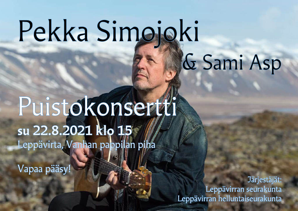 Pekka Simojoen konsertti Pekka Simojoki kitara sylissään, taustalla vuorimaisema. Kuvassa konsertin aika- ja paikkatiedot.