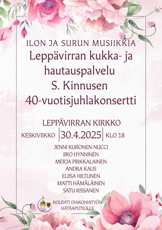 Ilon ja surun musiikkia Kuvassa esiintyjien ja konsertin ajan ja paikan tiedot vaaleanpunaisella, kukin koristellulla pohjalla