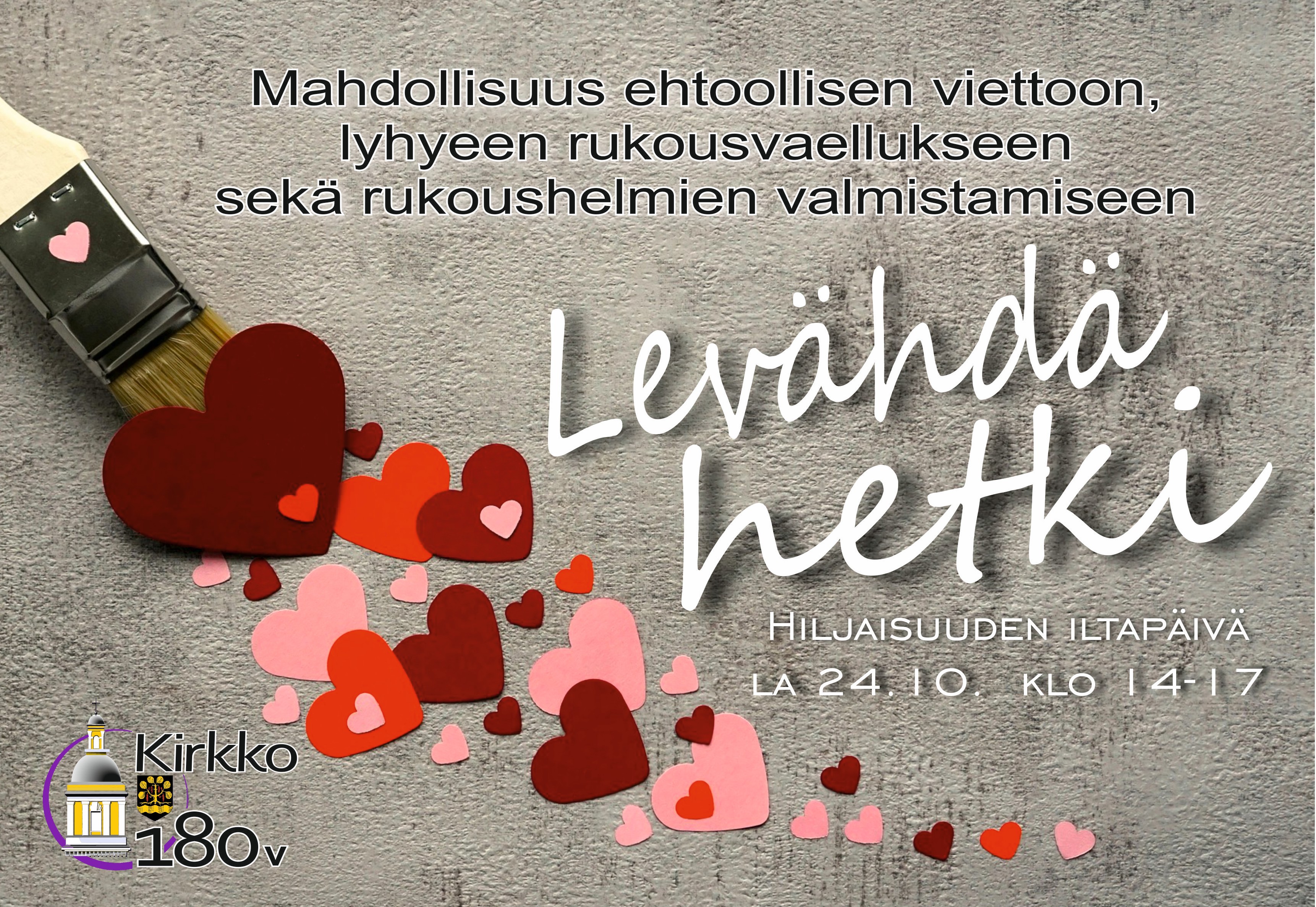 Siveltimen perässä eri kokoisia, punaisen eri sävyissä olevia sydämiä.