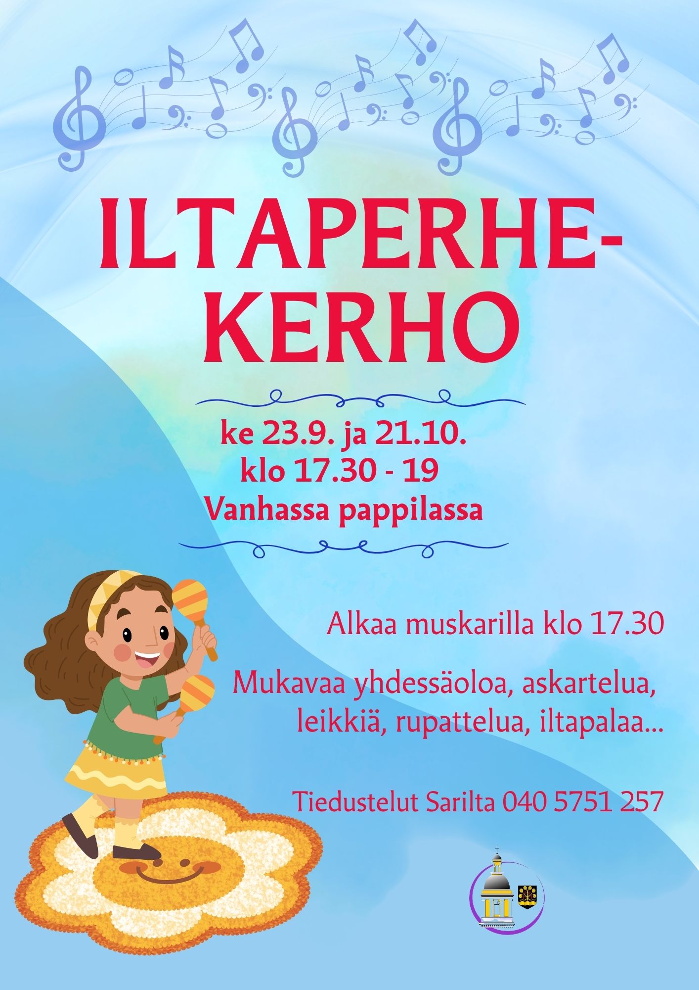 Piirros, lapsi. Tekstinä tilaisuuden tiedot
