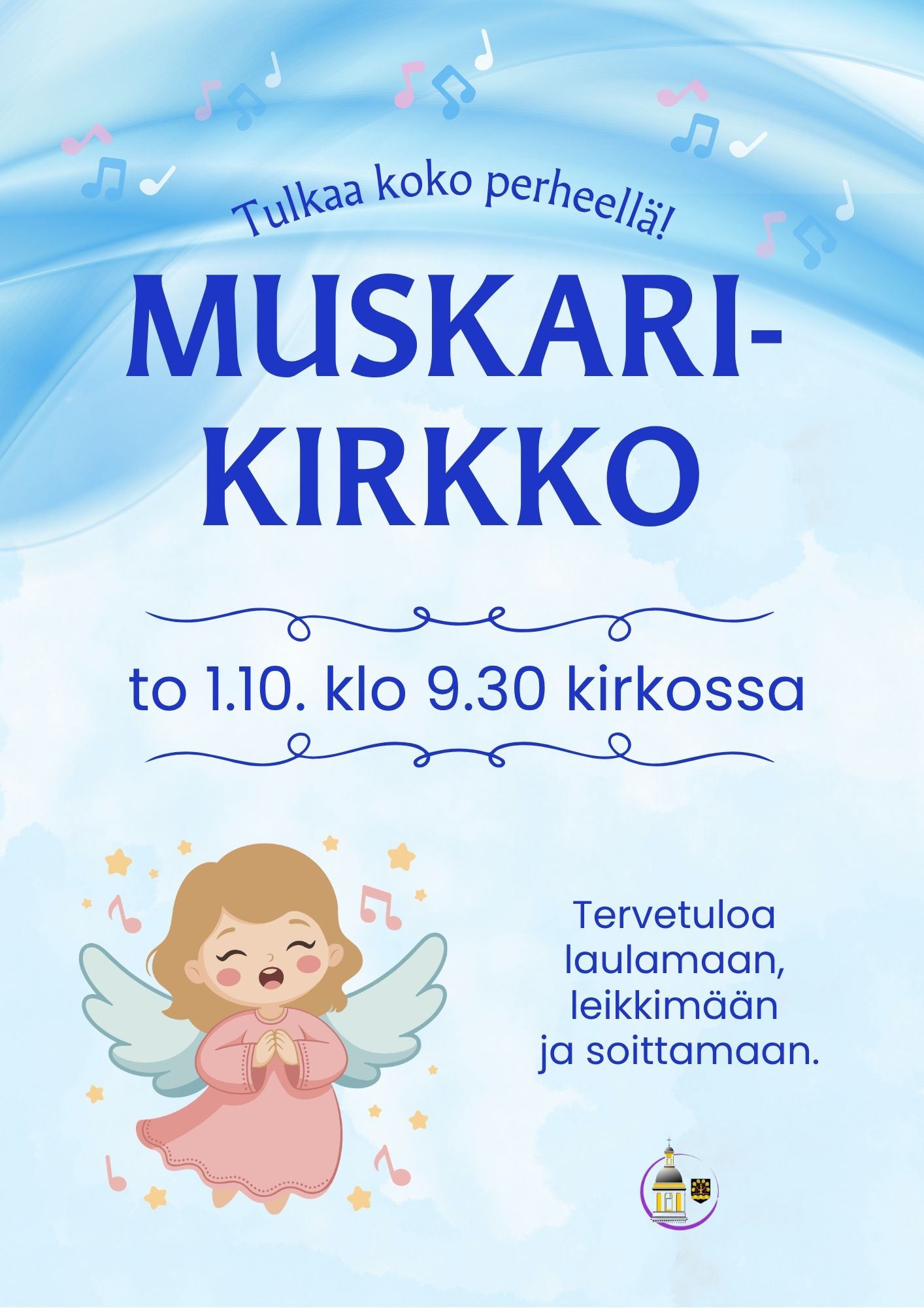 Enkeli ja nuotteja piirros. Tekstinä tilaisuuden tiedot.