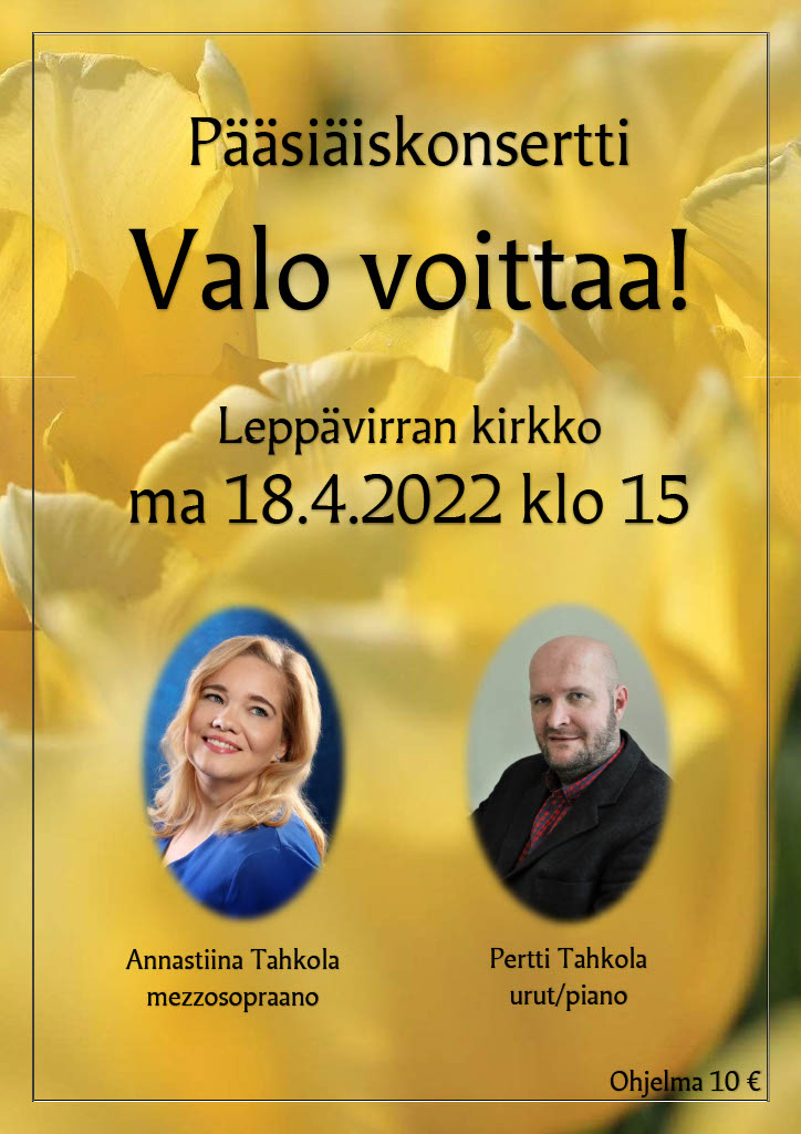 Konserttijuliste, Annastiina ja Pertti Tahkola. Taustalla narsisseja