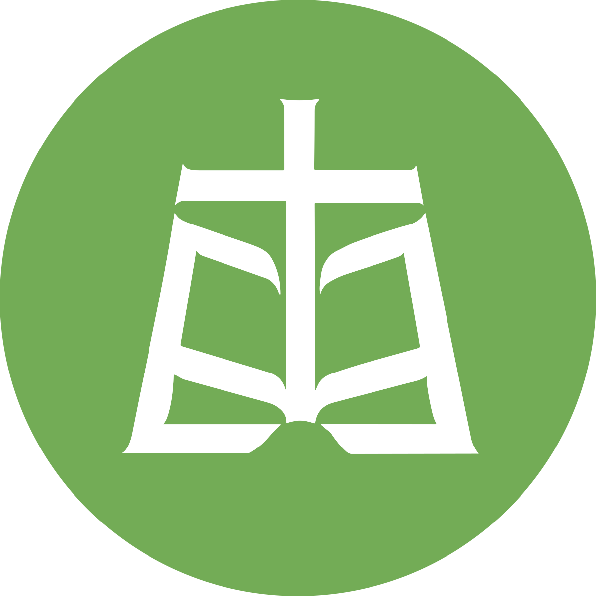 Raamattuopiston logo: tyylitelty kirja, jonka keskeltä nousee risti