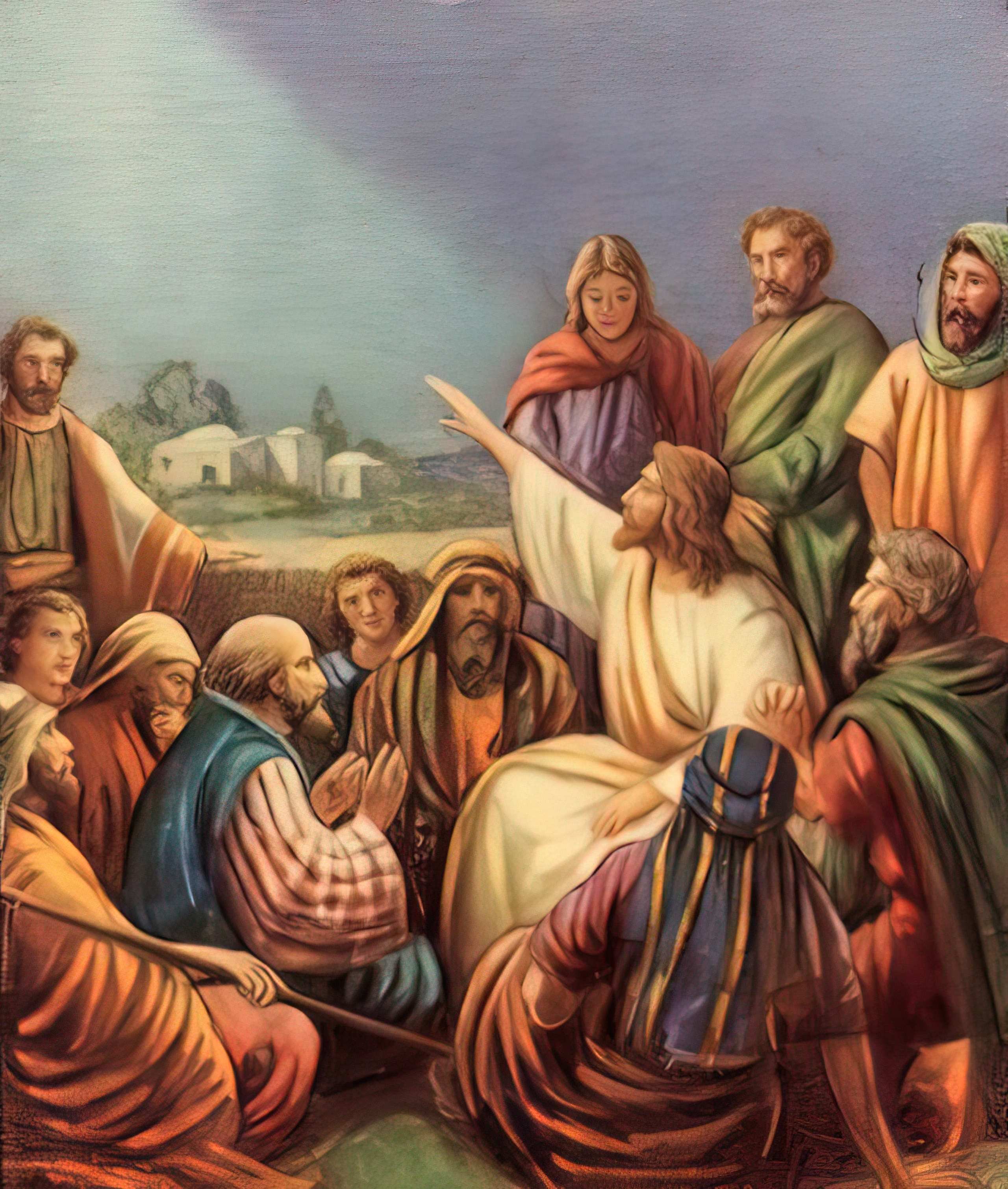 Vanha koulutaulu, jossa Jeesuksen ympärillä ihmisiä. Jeesus osoittaa kädellään kohti taivasta.