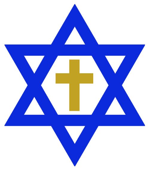 Karmel-yhdistyksen  logo. Davidin tähti ja sen keskellä kultainen risti.