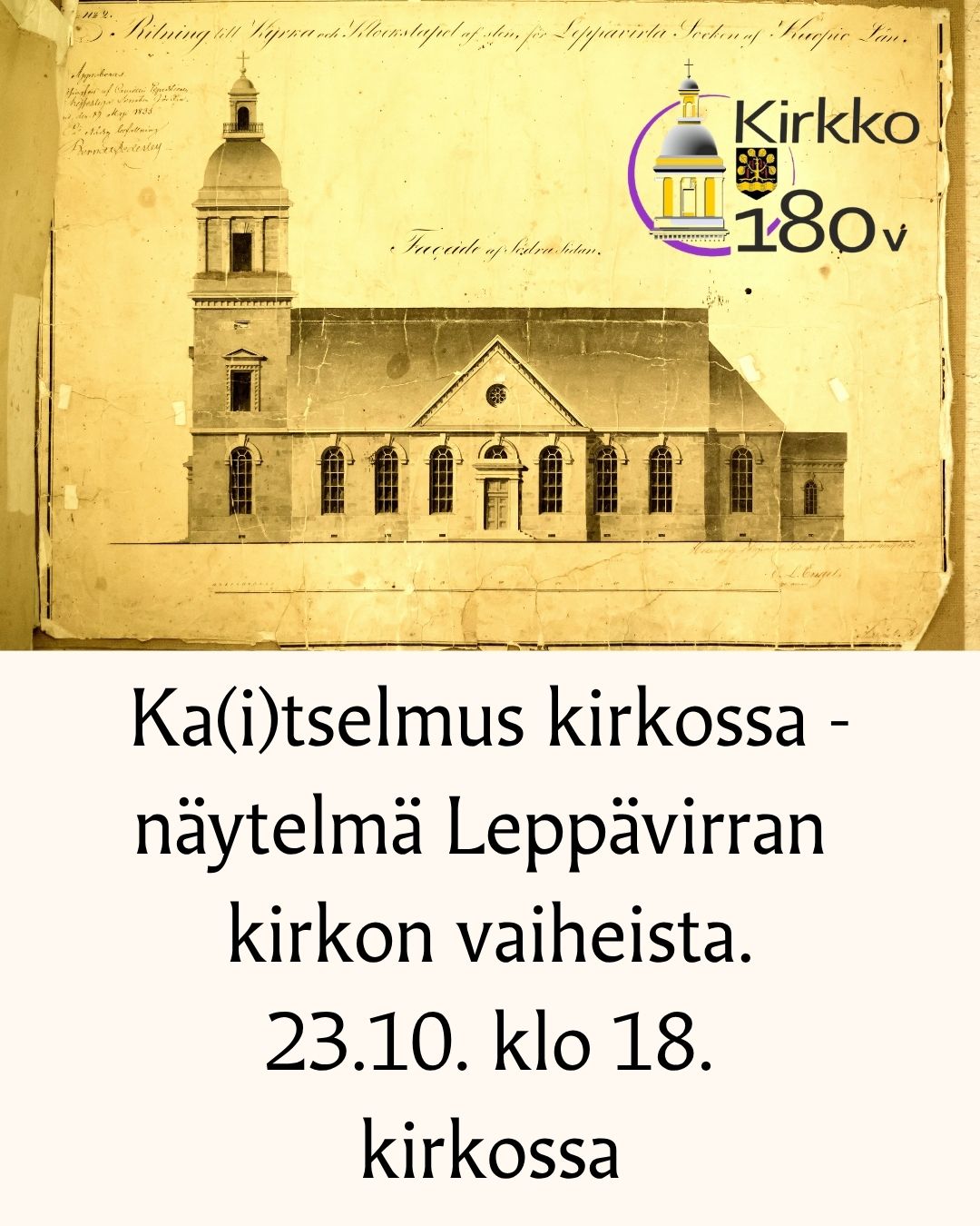 kirkon pohjapiirros ja näytelmän esitystiedot