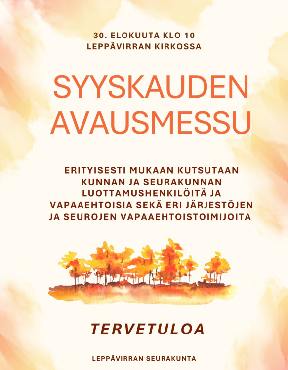 Piirrettyjä syksyisiä puita ja tilaisuuden tiedot tekstinä.
