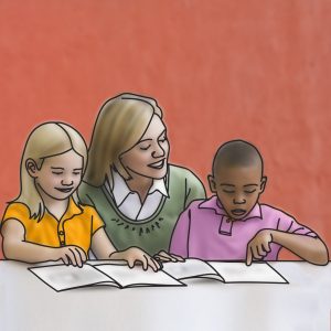 piirroskuva, keskellä nainen ja molemmilla puolilla lapsi pöydän ääressä kirjaa lukemassa