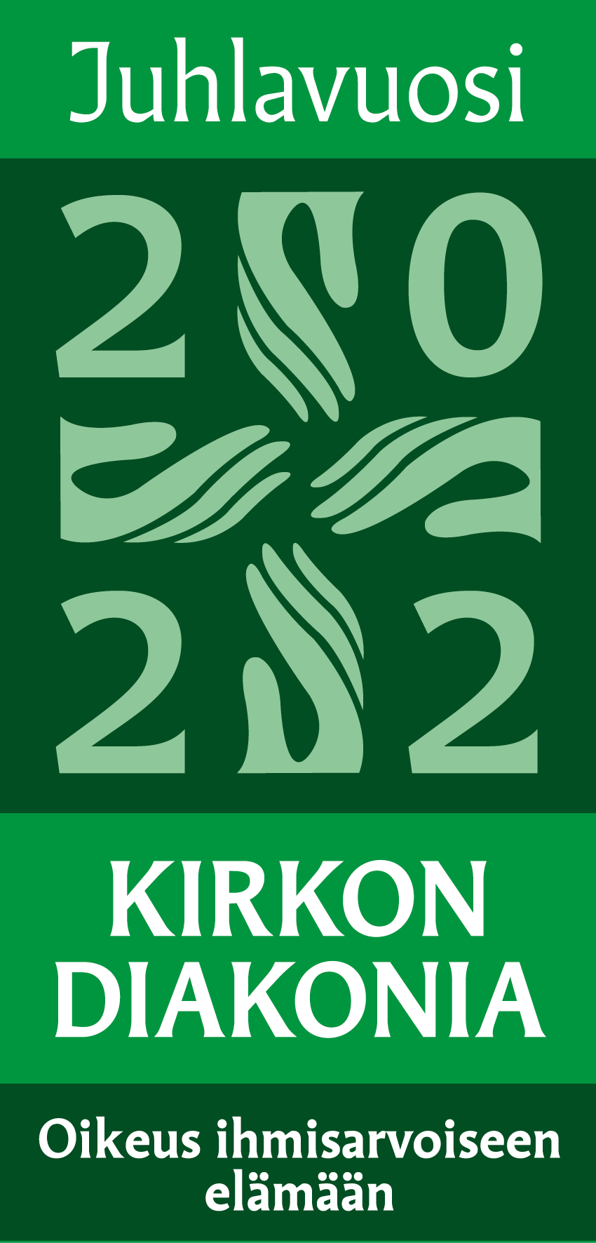 Vihreällä pohjalla diakoniatyön logo, neljä kämmentä, siihen punottuna numerot 2020. Yläpuolella teksti Juh...