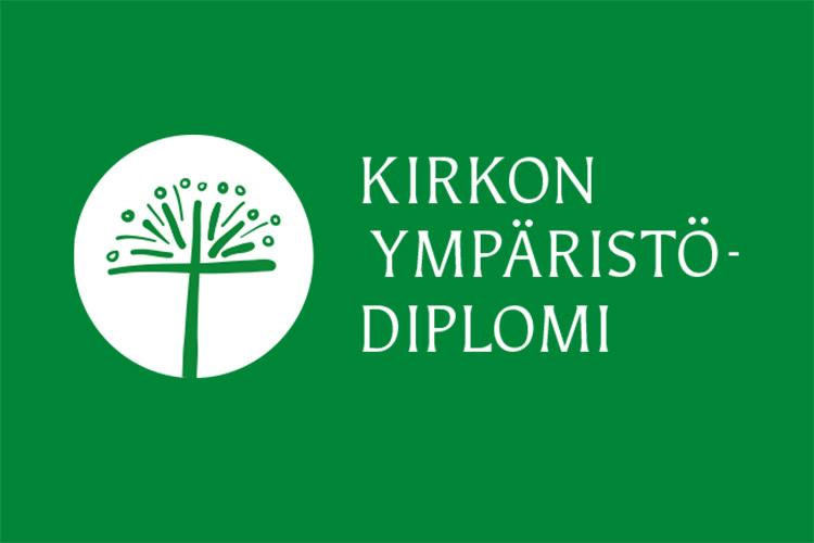 Kirkon ympäristödiplomin logo, vihreä pohja.